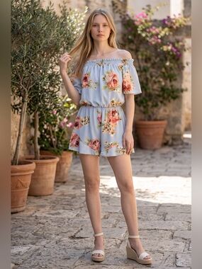 Promesa Blue Floral Off Shoulder Romper Ruffle Shorts Medium